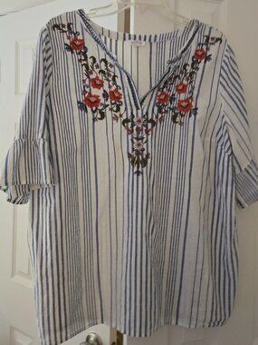 Pullover, Westport White Cotton, With Blue Stripe and Embroidered Design, Sz. 1X